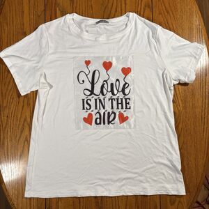 “Love Is In The Air” Bedazzled Hearts White T-shirt (Women’s 1XL) Nicole Fashion
